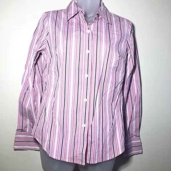 GAP STRETCH STRIPED PURPLE/PINK/WHITE/BROWN BUTTON FRONT BLOUSE MEDIUM-EUC - Picture 2 of 3